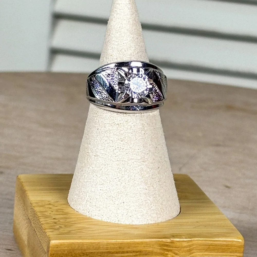 Vintage Art Deco Silver 14K HGE Cubic Zirconia Mens Statement Ring Size 7.5